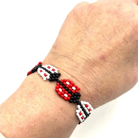 Hand Crafted Beaded Ladybug Bracelet with Bee Charm Red White and Black - Picture 7 of 9